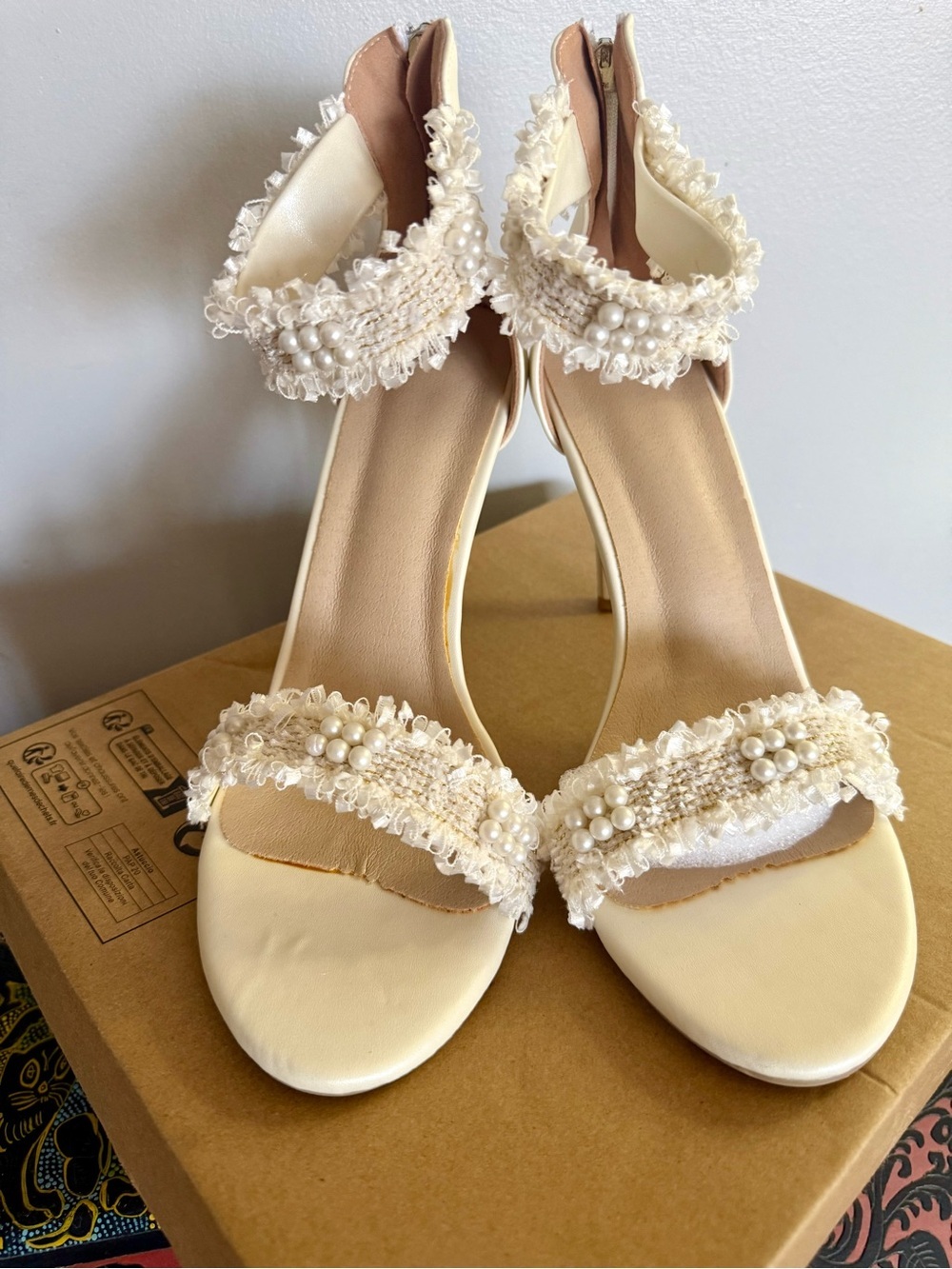 Pearl-Embellished Tweed Ivory Ankle-Strap Stiletto Sandals